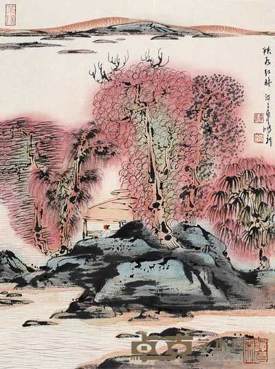 车鹏飞 秋水红林图 片连框 46×34cm